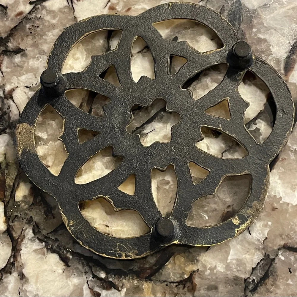 Trivet Antique Cast Iron Flower with Interlocking Circles Chippy Yellow Paint